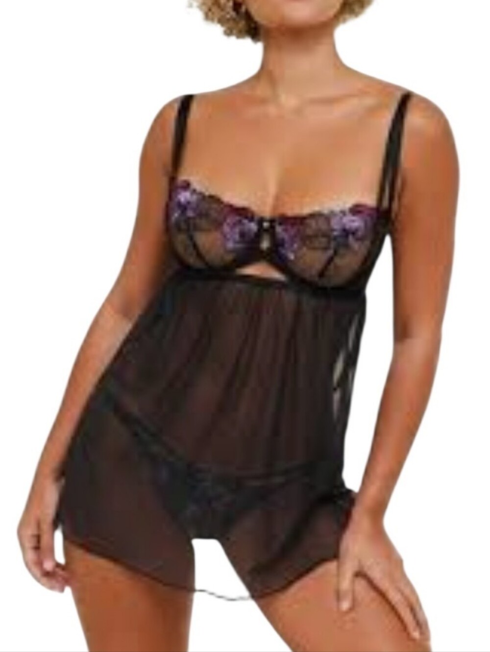 Adore Me Delilah Babydoll Lingerie Size 42DDD Black Sheer Lace Embroidered Sexy